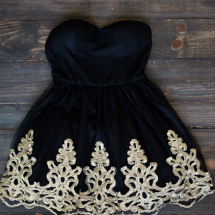 Strapless Black Homecoming Dress,gold Embroidery..