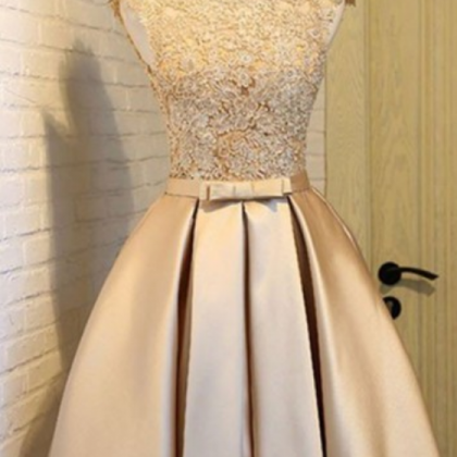 Champagne Round Neck Lace Homecoming Dress, Short..