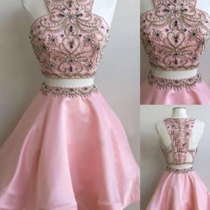Pink beaded two pieces sparkly lovely graduation for teens homecoming prom dress,BD00167 main image 1
