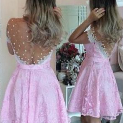 Mini A-line Lace Homecoming Dresses,short Sleeves..