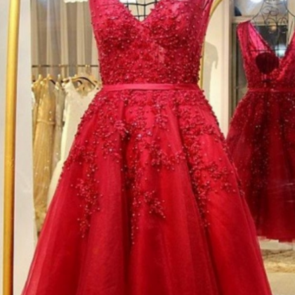 Amazing Light Red Lace Beaded V-neck Homecoming..