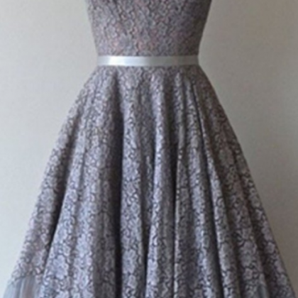 Grey Lace Vintage A-line Zipper Back Homecoming..