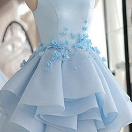 Sky Blue Flowers Homecoming Dress,a-line Scoop..