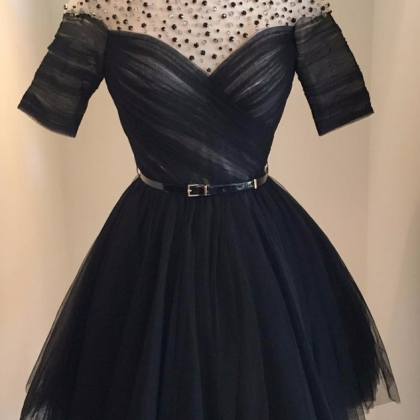 Short Cocktail Dress,black Beaded Tulle Prom..
