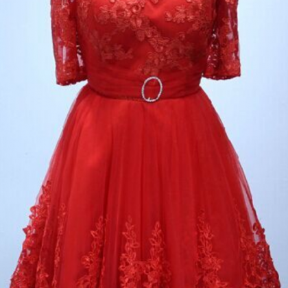 Homecoming Dress Half Sleeve Red Lace Short..