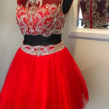 Red Two Piece Prom Dresses With Beaded Waistline, Illusion Beaded Prom ...