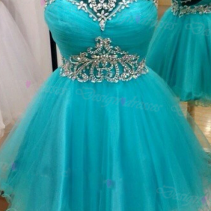 Short Blue Beaded Homecoming Dresses Tulle Mini Prom Dresses Sexy Party ...