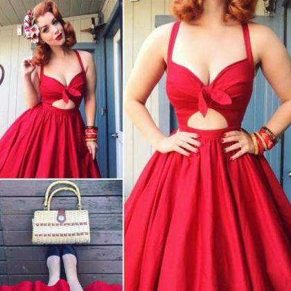 Red Deep V Neck Bowknot Homecoming Dress, A Line..
