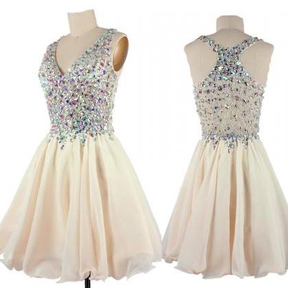 Short A-line Homecoming Dress With Plunging Neckline And Iridescent ...
