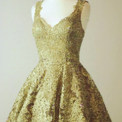Gold Lace Homecoming Dresses,short A Line Prom..