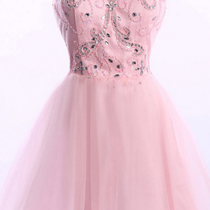 Pink Illusion Prom Dresses, Amazing Tulle Beaded..
