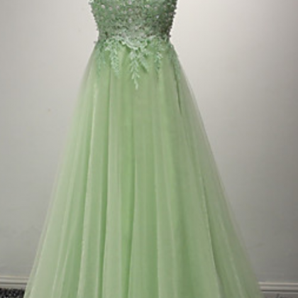 Light Green Tulle Prom Dresses Lace Appliques..