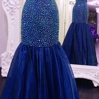 Mermaid Tulle Prom Dresses Open Back Crystals..