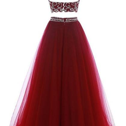 Two Parts Long Tulle Prom Dresses Crystals Women..