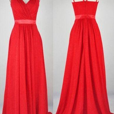 Dark Red Long Chiffon Prom Dresses Pleat Women..