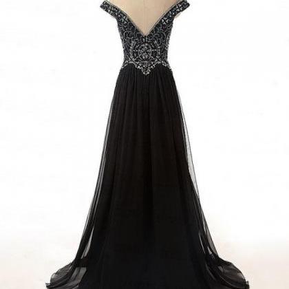 V-neck Black Chiffon Prom Dresses Crystals Women..