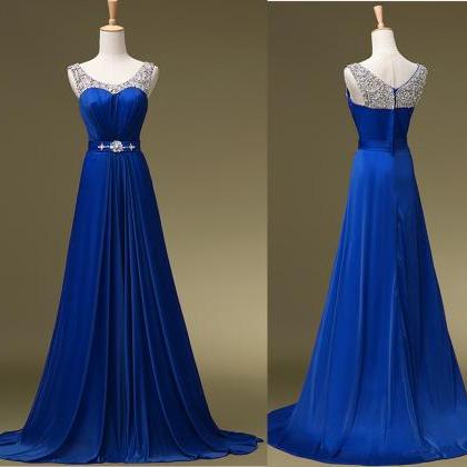 Royal Blue Chiffon Prom Dresses Crystals Women..