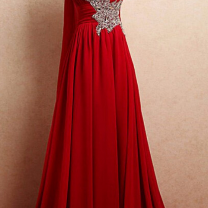 One Shoulder Long Red Chiffon Prom Dresses..