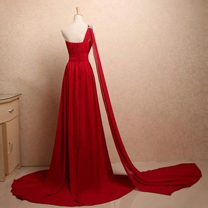 One Shoulder Long Red Chiffon Prom Dresses..