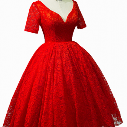 Charming Lace Red Vintage Style Teen Length Party..