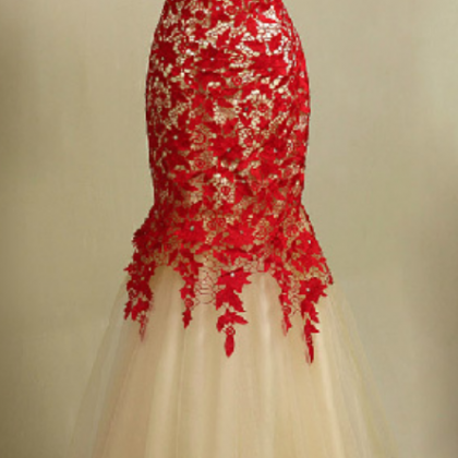 Mermaid Tulle Prom Dresses V-neck Lace Appliques..