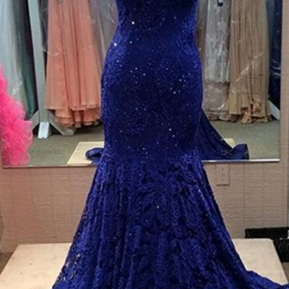 Dark Blue Lace Prom Dresses Deep V-neck Mermaid..
