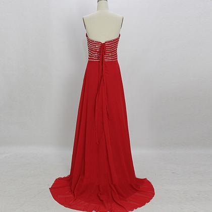 Long Red Chiffon Prom Dresses Sweetheart Crystals Floor Length Party ...