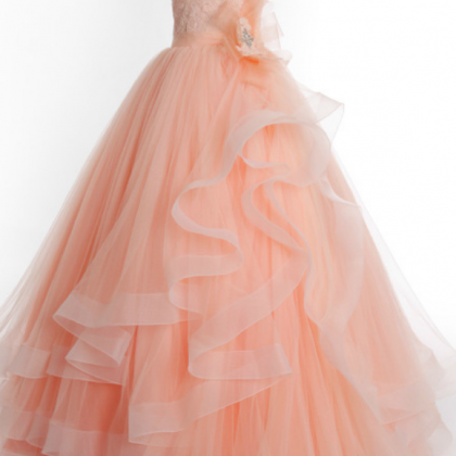 Lace-up V-neck Tulle Prom Dresses Light Orange..