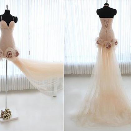 Scoop Neck Long Chiffon Prom Dresses Crystals..