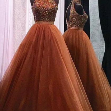 High Neck A-line Tulle Prom Dresses With Crystals..