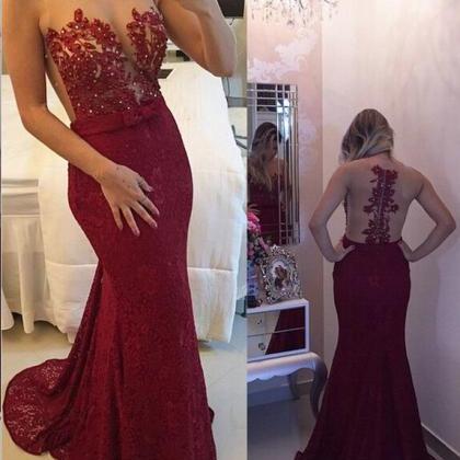 Mermaid Lace Prom Dresses Scoop Neck Lace..