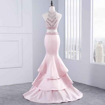 Halter Beaded Two-piece Mermaid Long Prom Dress,..