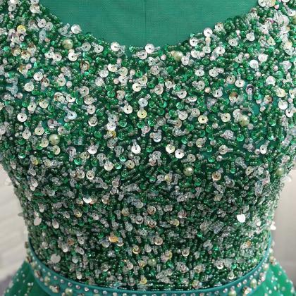 In Stock Sheer Neckline Green Tulle Evening Dress..