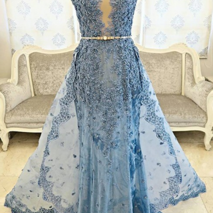 Blue Sheath Illusion Prom Dress With Belt Lace..