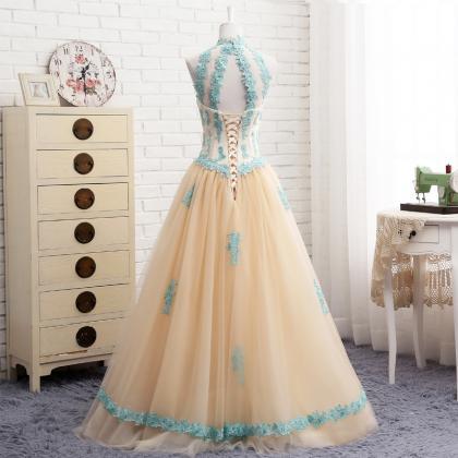 High Neck Royal Blue Puffy Quinceanera Dresses..