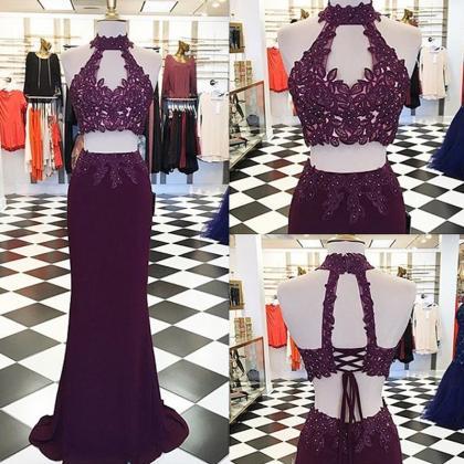Lace Appliques Two-piece Prom Dress Featuring High..