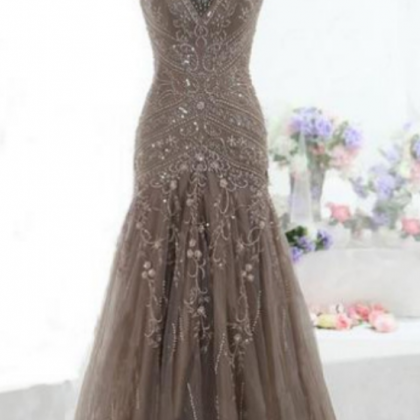 Long Trumpet/mermaid V-neck Appliques Tulle Prom..