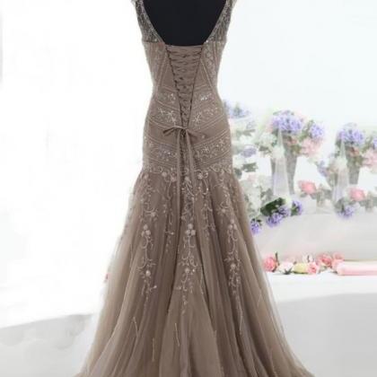 Long Trumpet/mermaid V-neck Appliques Tulle Prom..