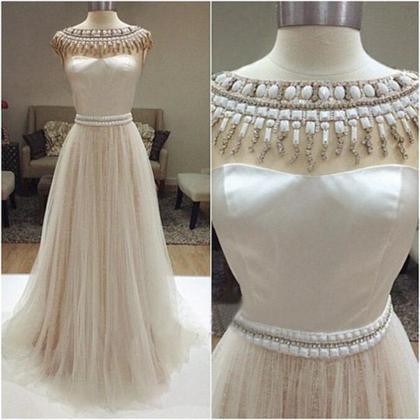 Long Ivory Prom Dresses, Charming Beaded Wedding..