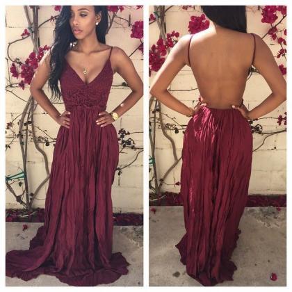 Sexy Backless Floor-length Maroon Charming Prom..