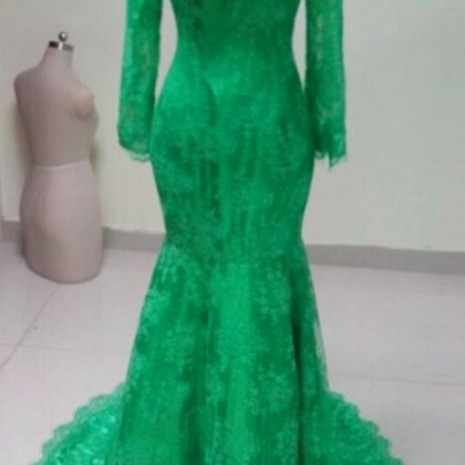 High Neck Elegant Long Sleeves Green Lace Mermaid..