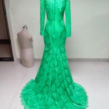 High Neck Elegant Long Sleeves Green Lace Mermaid..