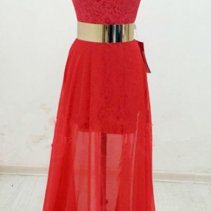 One Shoulder Red Prom Dresses,lace Prom..
