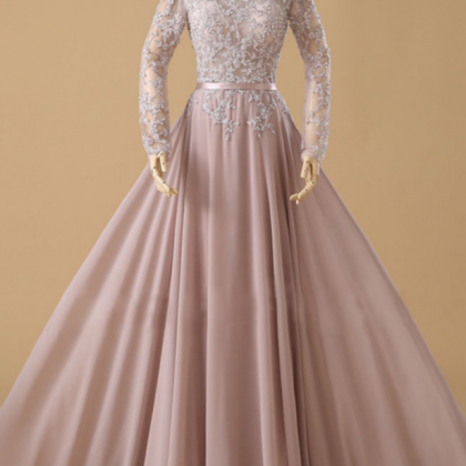 Long Sleeve Prom Dresses Blush Beaded Applique See..