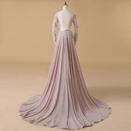 Long Sleeve Prom Dresses Blush Beaded Applique See..