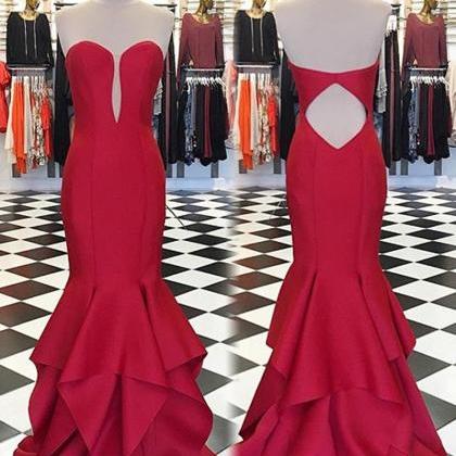 Red Mermaid Sweetheart Sleeveless Open Back Tiered..