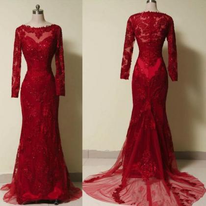 Style Backless Lace Red Prom Dresses With Long..