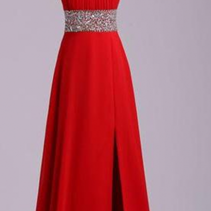 Red Beading Open Back Chiffon Prom Dresses