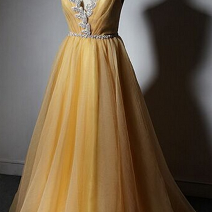 Yellow Chiffon Prom Dresses Crystal Women Party..