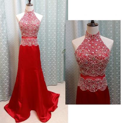 Halter Neck Red Chiffon Prom Dresses Crystals..